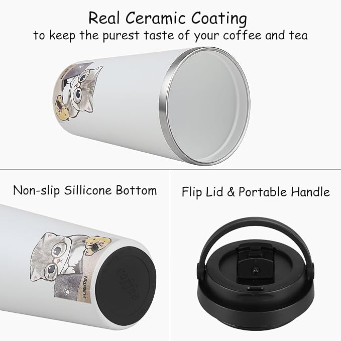 Funkrin Coffee Travel Mug with Flip Lid, 16oz Insulated Tumbler Cup with Ceramic Coating, Double Wall Vacuum Leak-Proof Tumbler for Office School Party Camping - Image 2