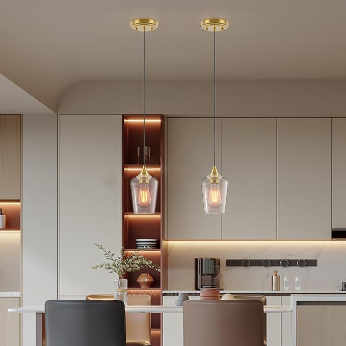 Ralbay Farmhouse Brushed Gold Pendant Light 2-Pack, Pendant Light Fixtures with Wine Clear Glass Shade, Kitchen Island Lighting for Dining Room, Rustic Adjustable Hanging Lighting Fixture - Image 4