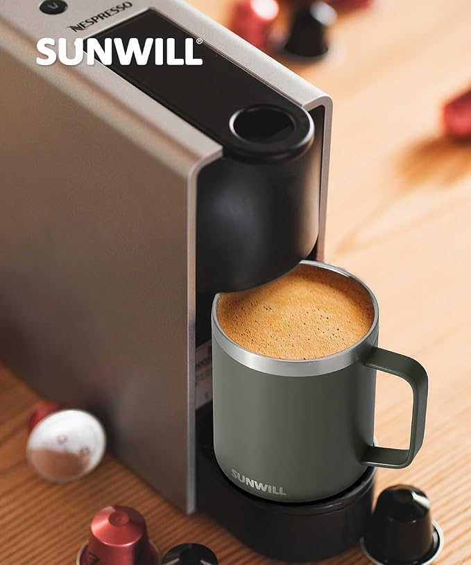 SUNWILL Travel Coffee Mug with Lid, Insulated Tumbler with Handle, 14 oz Stainless Steel Cup for Home, Office, Camping, Powder Coated Camp Green - Image 6