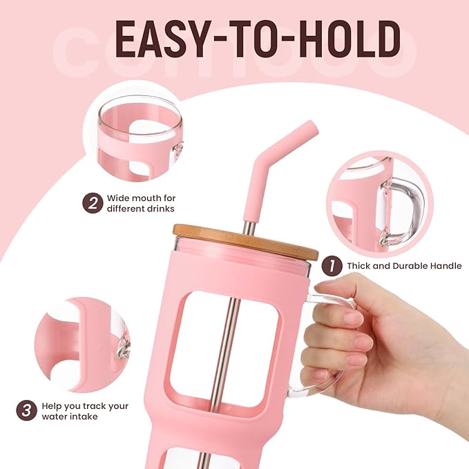 COMOOO 40oz Glass Tumbler with Bamboo Lid and Straw, Glass Water Cup with Handle, Iced Coffee Drinking Cup with Silicone Sleeve, Glass Water Bottle Dishwasher Safe, Cup Holder Friendly, Pink