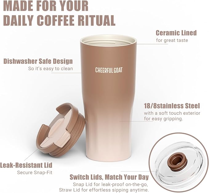 CHEERFUL GOAT Ceramic Lined Coffee Travel Mug – Stainless Steel Travel Coffee Tumbler with Ceramic Liner, with lid, 21 OZ Cup for Hot and Cold Water Coffee at Home, Office, or On the Go (Latte Ombre) - Image 4
