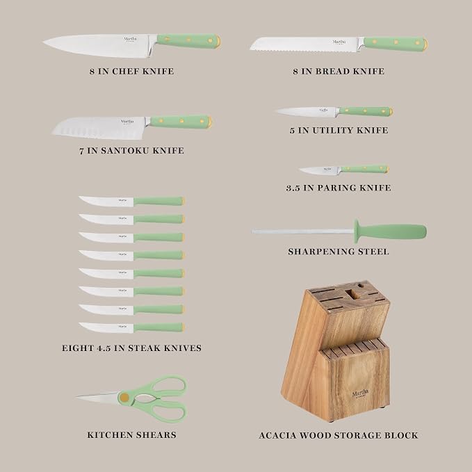 Martha Stewart 16-Piece Lockton High Carbon Stainless Steel Knife Block Set - Forged Full Tang Chef Knives, Acacia Wood Block, Triple Riveted Handles, Sage Green & Gold - Image 3