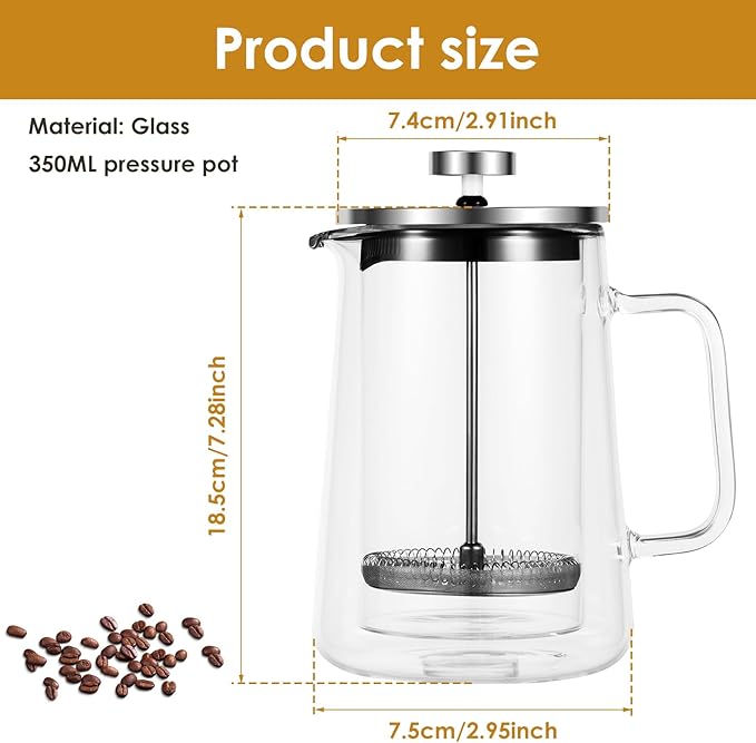 350/650/1000ml French Press Coffee Maker, Double Wall Glass French Press, Clear French Press Tea Maker, Multifunctional Coffee Press Coffee Maker for Home Office (350ML)