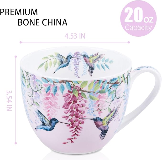 Spring Hummingbird Hug Mug - 20oz Pink Bone China Coffee Tea Mug with Floral Vine & Fluttering Hummingbirds, Thoughtful Gifts for Mom Women Mothers Day, Designed in England by Harvest Green Studio - Image 2