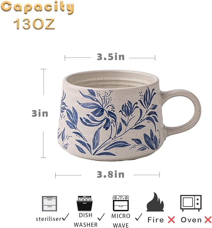 Ceramic Coffee Mug, 13oz Floral Design Pottery cute mugs, Ideal Gift for Women unique vintage pretty coffee mugs (Bluebell Mug) - Image 5