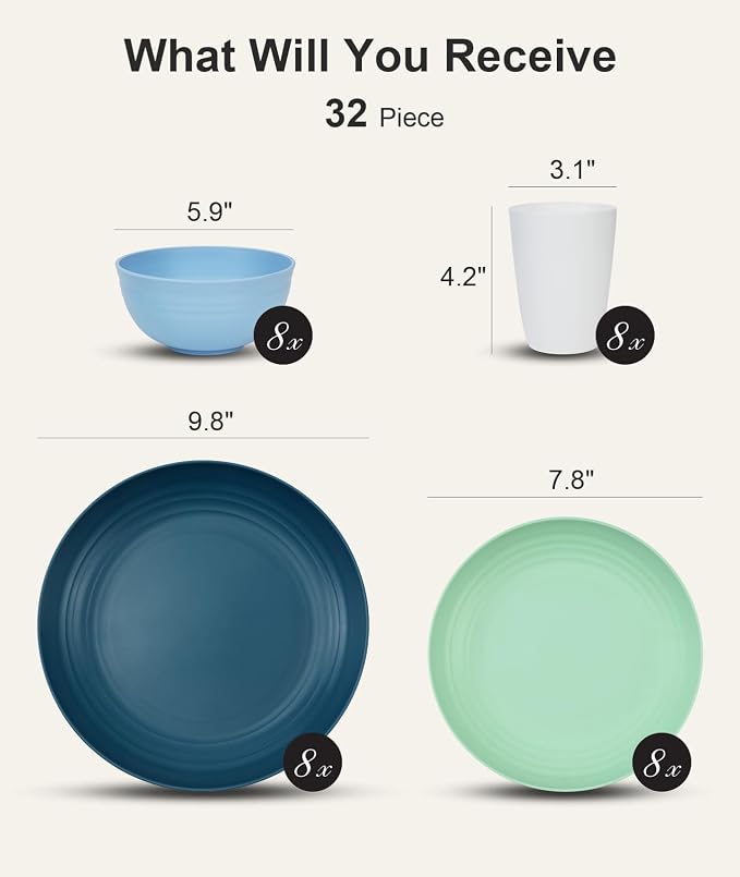 Quatish 32 Piece Plates and Bowls Sets for 8, Unbreakable Dinnerware Sets, Dish Set for Camping, Dishwasher & Microwave Safe, Outdoor Kitchen and Apartment Dorm Dinning RV Essentials, Blue - Image 2