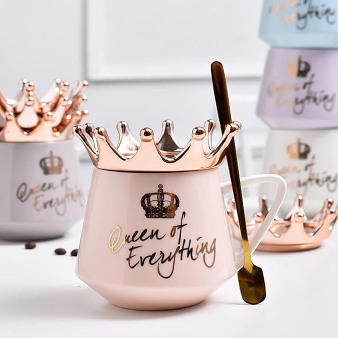 Arawat Pink Queen of Everything Mug with Lid Cute Pink Cup with Crown 12 oz Tea Coffee Mugs Gift with Spoon & Coaster Ceramic Cups Birthday Gifts for Women Girls Friend Valentine's Day Gifts for Women - Image 8