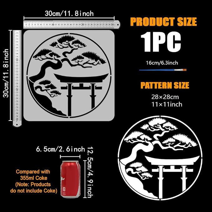 FINGERINSPIRE Japanese Torii Gate Painting Stencil with Brush 11.8x11.8inch Plastic PET Argyro Pine Trees Drawing Template Decorative Hollowed Oriental Theme Stencil for Painting on Wood Canvas - Image 2