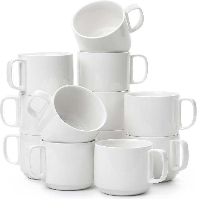 BTaT- Porcelain Stackable Coffee Mugs, 12 Pack, 12 oz, White | Ceramic Coffee Cups, Dishwasher and Microwave Safe by BrewToATea