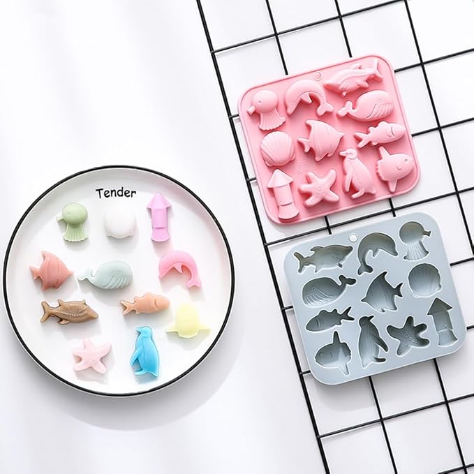 2PCS Marine Theme Cake Silicone Mold Non-stick Ocean Animal Cake Baking Molds for Chocolate Candy Fondant Cupcake Cookie Dessert DIY Cake Decoration Suppies