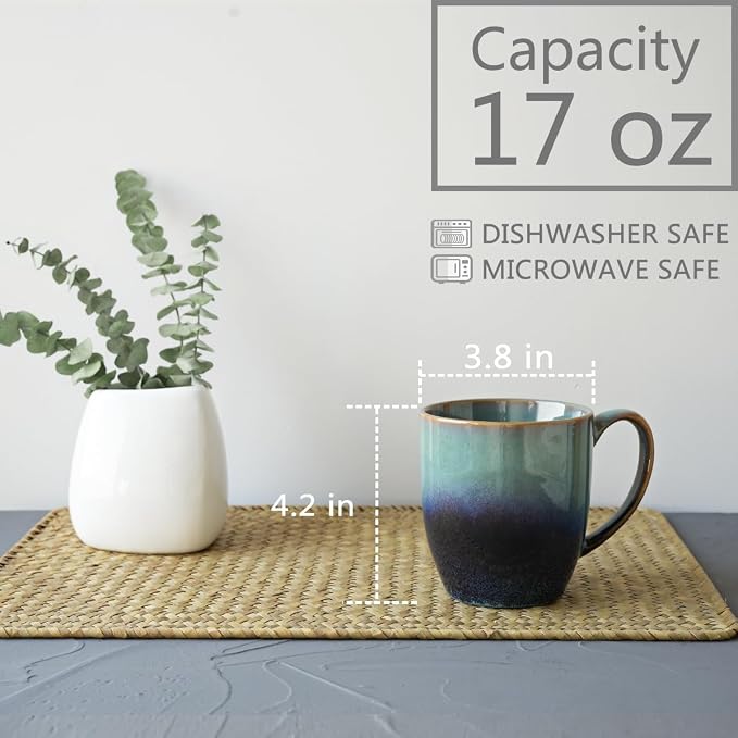 Bosmarlin Ceramic Coffee Mug Set of 4, 17 Oz, Coffee Cups with Big Handle, Microwave Safe, Unique Reactive Glaze(17 Oz, Pale Green) - Image 2