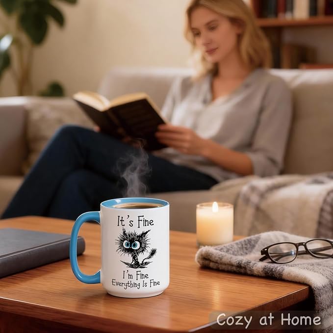 Funny Black Cat Coffee Mug, 15oz I Am Fine Everything's Fine Mug | Microwave & Dishwasher Safe, Gag Gift for Cat Lovers, Large Ceramic Mug, Double-Sided Print - Image 9
