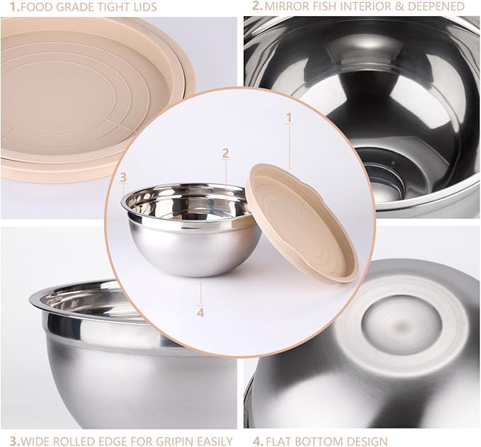 Leidawn Mixing Bowls with Lids set - 25 PCS Stainless Steel Nesting Khaki Mixing Bowls Set for Baking,Mixing,Serving & Prepping,Size 5, 3.7, 2.8, 2.3, 1.7, 1.1, 0.7QT, 11 Cooking - Image 2