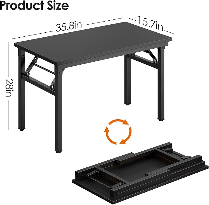 DlandHome 35.8 Inch Small Folding Computer Desk for Home Office, Black | Foldable Writing Table for Small Spaces Bedroom, No Assembly Required, Wood Top Metal Frame, Collapsible Compact Easy Storage - Image 3