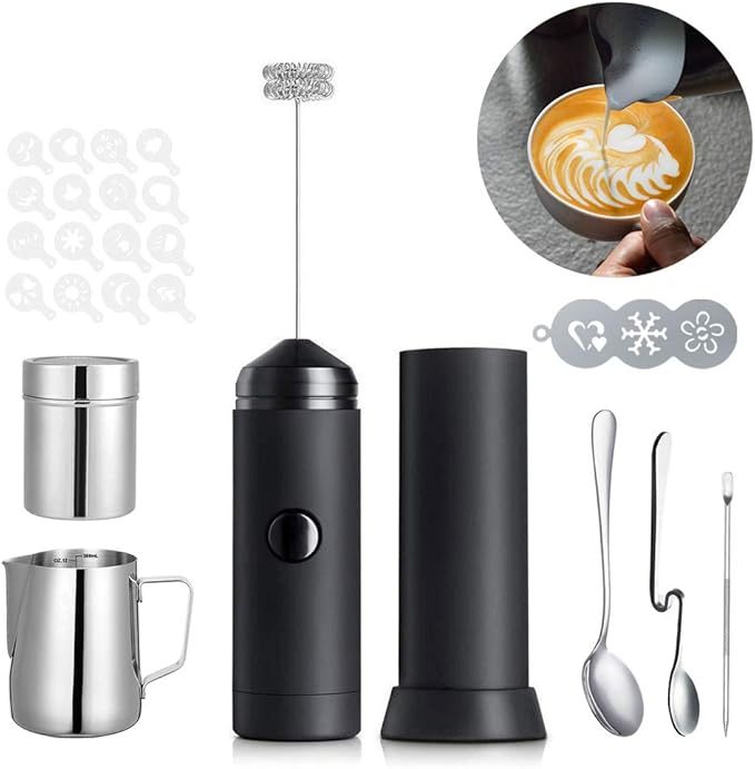 Milk Frother Handheld Coffee Art Set, Electric Coffee Frother with Milk Frother Pitcher, Powder Cocoa Shaker, Coffees Stencils, Coffees Spoons, Latte Art Pen