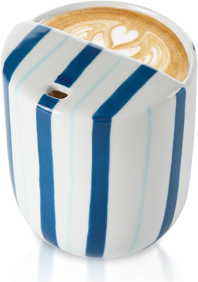 Ceramic Mug with Sip Hole 10 oz Deep and Light Blue Red Striped Ceramic Coffee Mug Hand Painted Travel Mugs Heat Resistant Non Slip Built in One Lid Mugs for Coffee Lovers Appreciation Gift by Ferrochef