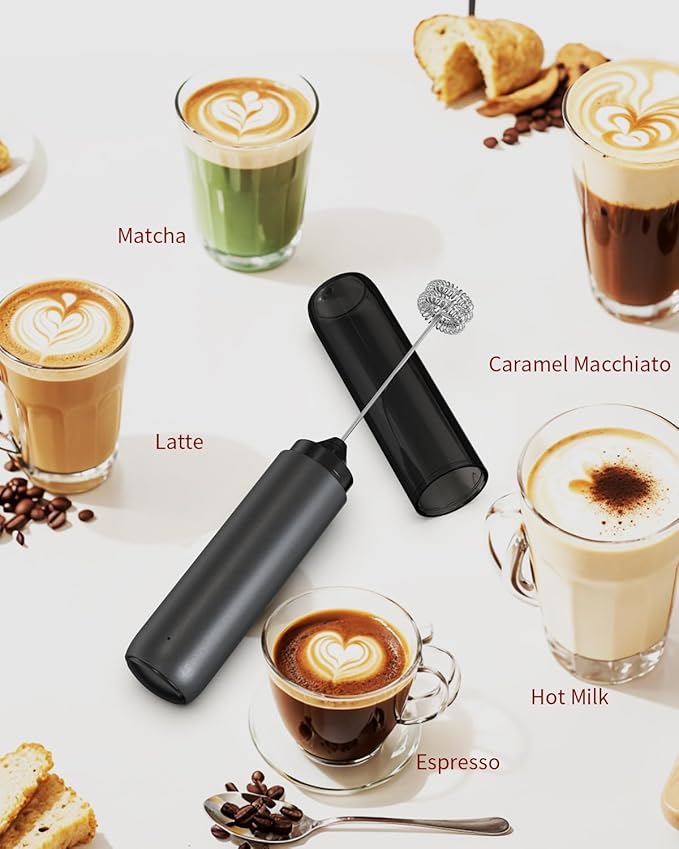 CIRCLE JOY Rechargeable Milk Frother Hanheld, Dual Spring Whisk Electric Coffee Frother, Portable Hand Frother Wand Drink Mixer for Matcha Lattes Cappuccino, Kitchen Gifts, Black