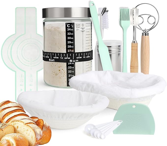 Sourdough Starter Jar Kit 13pcs, Bread Proofing Basket Making Tools with Dutch Oven Silicone Mat, Sour Dough Baking Supplies Accessories Stuff Gifts for Home Bakers Adults Women Mom Beginner