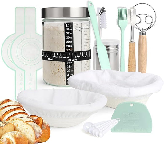 Sourdough Starter Jar Kit 13pcs, Bread Proofing Basket Making Tools with Dutch Oven Silicone Mat, Sour Dough Baking Supplies Accessories Stuff Gifts for Home Bakers Adults Women Mom Beginner