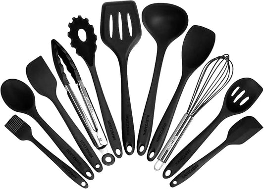 Kitchen Utensil Set - 11 Cooking Utensils - Colorful Silicone Kitchen Utensils - Nonstick Cookware with Spatula Set - Colored Best Kitchen Tools Kitchen Gadgets (Black) by BESTZMWK
