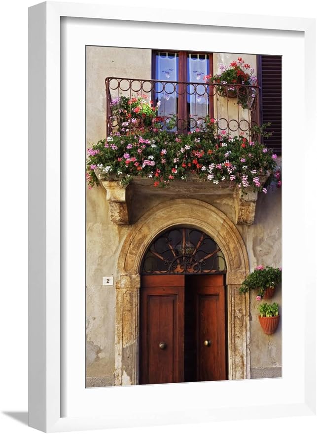 ART.COM Wall Photo Balcony Flowers and Doorway in Pienza Tuscany Italy on White Frame by Julian Castle, 17" x 23" by ART
