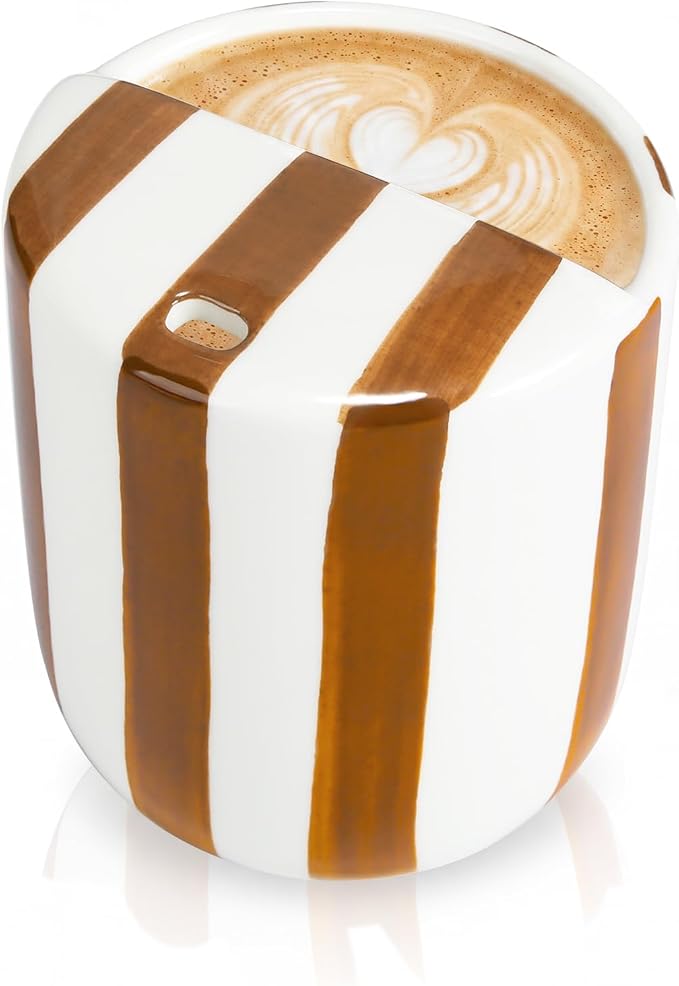 Ceramic Mug with Sip Hole 10 oz Brown Striped Ceramic Coffee Mug Hand Painted Travel Mugs Heat Resistant Non Slip Built in One Lid Handcraft Mugs for Coffee Lovers Appreciation Gift by Ferrochef