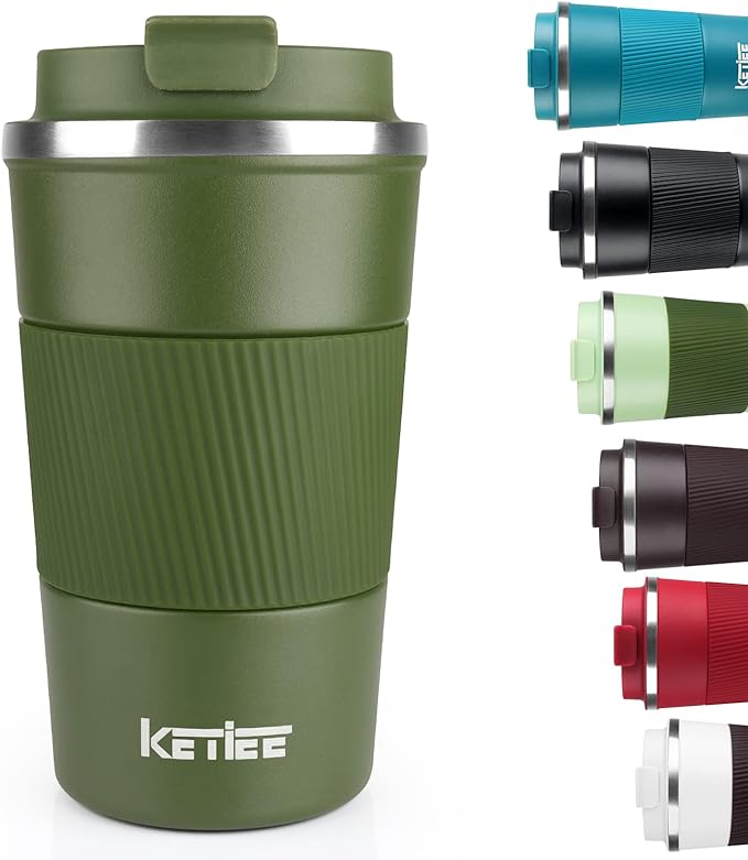 KETIEE Travel Coffee Mug 12oz: Vacuum Insulated Coffee Cup with Leakproof Lid, Coffee Tumbler, Reusable Coffee Cups, Double Wall Stainless Steel Coffee Mug to Go for Hot/Iced Water Tea (Green) by KETIEE