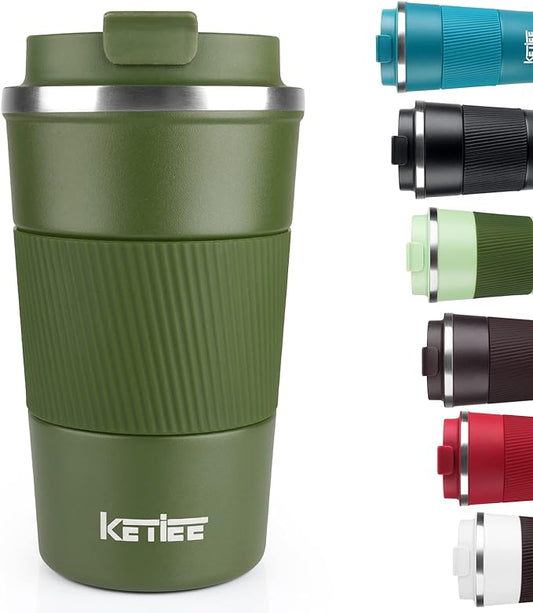 KETIEE Travel Coffee Mug 12oz: Vacuum Insulated Coffee Cup with Leakproof Lid, Coffee Tumbler, Reusable Coffee Cups, Double Wall Stainless Steel Coffee Mug to Go for Hot/Iced Water Tea (Green) by KETIEE