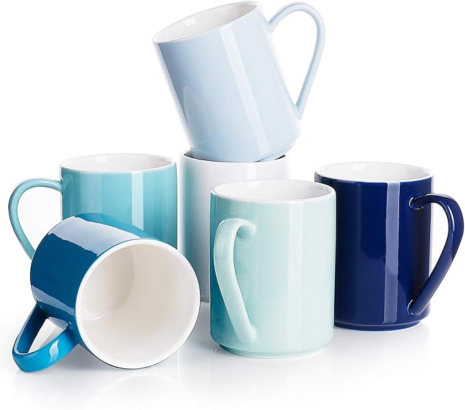 Sweese Coffee Mug, Porcelain 11 Oz Coffee Mugs Set of 6, Ceramic Coffee Cups with Handle for Coffee, Tea, Cocoa and Mulled Drinks - Multicolor, Cool Assorted Colors by Sweese