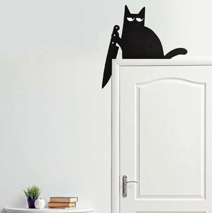 2025 New Year Gift - Cute Metal Cat Door Topper Love You Bye Over Door Frame Decor Corner Sign Black Ornaments Wood Decorations Funny Spooky Christmas with Knife (Despise Eyes Cat) - Image 2