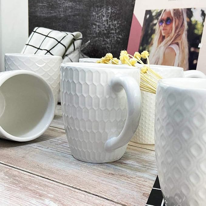 Schliersee 12 OZ White Ceramic Coffee Mugs Set of 6, Stylish Embossed Coffee Cups Set for Coffee, Tea, Milk, Cocoa, Cereal - Image 5