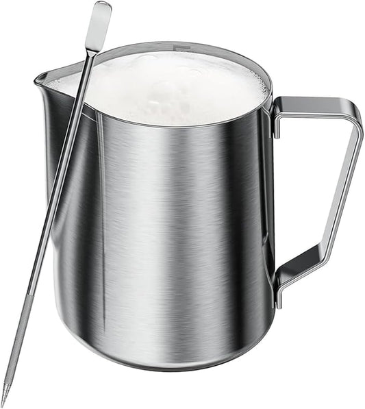 Maestri House Milk Frothing Pitcher, 12oz Espresso Steaming Pitcher Milk Frother Cup, Milk Coffee Cappuccino Latte Art, 304 Stainless Steel Jug Cup with Decorating Art Pen