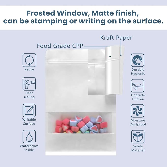 Muka 50 PCS White Kraft Bags Toaster Bags with Frosted Window | Food Grade Spouted Pouches, Leak-Proof Cap, Temp -20 - Image 3