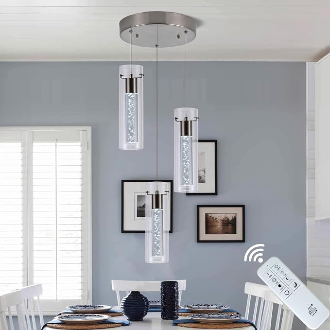 Pendant Light Kitchen Island with Remote Control, Dimmable & Adjustable Color Temperature 3000K/4000K/6000K, Modern Brushed Nickel & Clear Glass Lighting Fixture for Dining Room by Bestwest