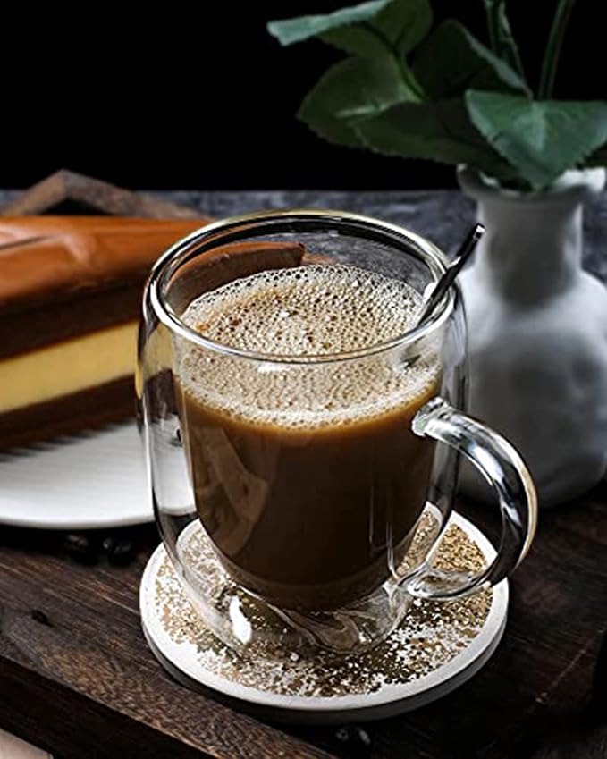 LIBWYS 12oz Double Walled Coffee Cups Glasses Mugs, Borosilicate Glass 2Pcs | Espresso Cappuccino Latte Tea Cups with Handle, Insulated Heat Resistant Clear Espresso Cups, Hot and Cold Beverages, 350ml - Image 7