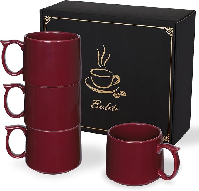 Coffee Mugs Gift Set of 4, Large 19 oz Stackable Ceramic Coffee Mug, Coffee Cups with Large Handle for Latte, Cappuccino, Milk, Tea, Dishwasher & Microwave Safe, Ideal Gift for Men, Women - Red by Bulete