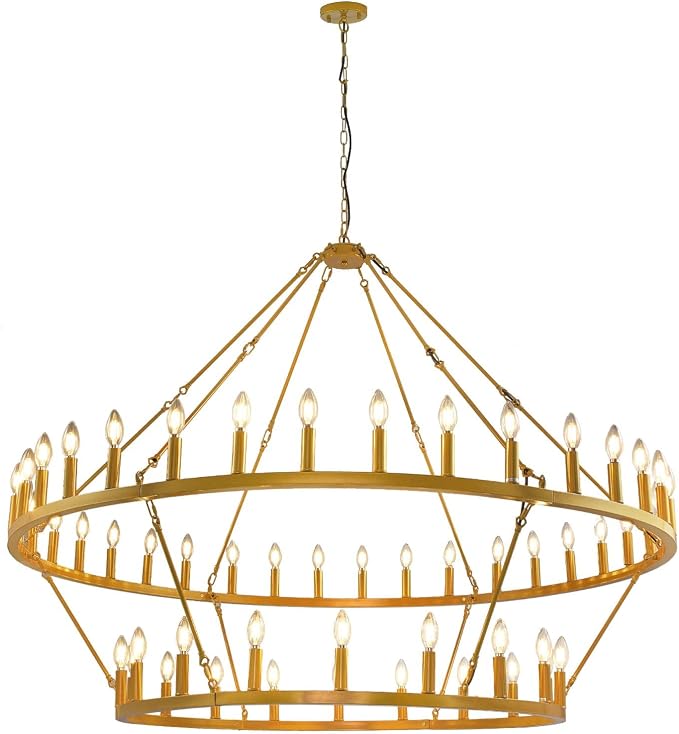 60 Inch Gold Wagon Wheel Chandelier,2 Tier 54-Lights Farmhouse Chandelier for Living Room,Round Rustic Dining Room Light Fixture,Extra Large Foyer Chandeliers for High Ceilings,for Staircase,Entryway - Image 9