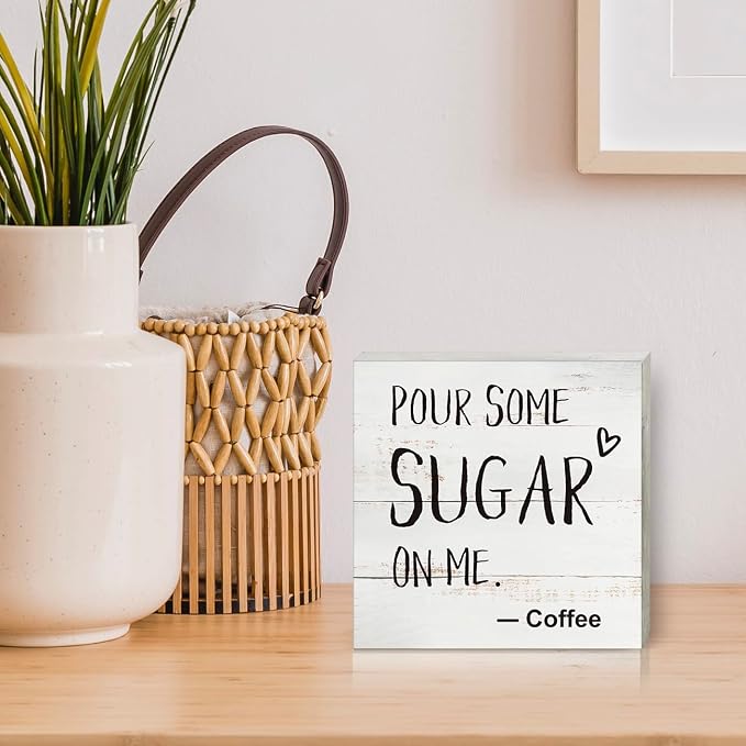 Coffee Wood Box Sign Kitchen Home Decor, Rustic Funny Pour Some Sugar on Me Wooden Box Sign Block Plaque for Wall Tabletop Desk Decoration Coffee Lover Gift - Image 5