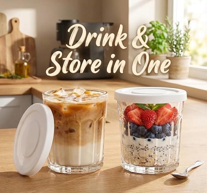 Working Glass Cups with Lids Set of 4, 13.5oz Thick Glass Tumblers | Classic Picardie Style Glassware, Stackable Design, 2-in-1 Drinking Cup & Food Storage Jar with Premium Thick Glass - Image 7