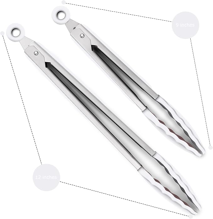 2 Pack Silicone Kitchen Tongs – 9" & 12" Set, Heat Resistant up to 500°F, Non‑Stick Cookware Safe, Wavy Silicone Tips, BPA Free, Locking Clip & Hanging Loop, Light Grey - Image 4