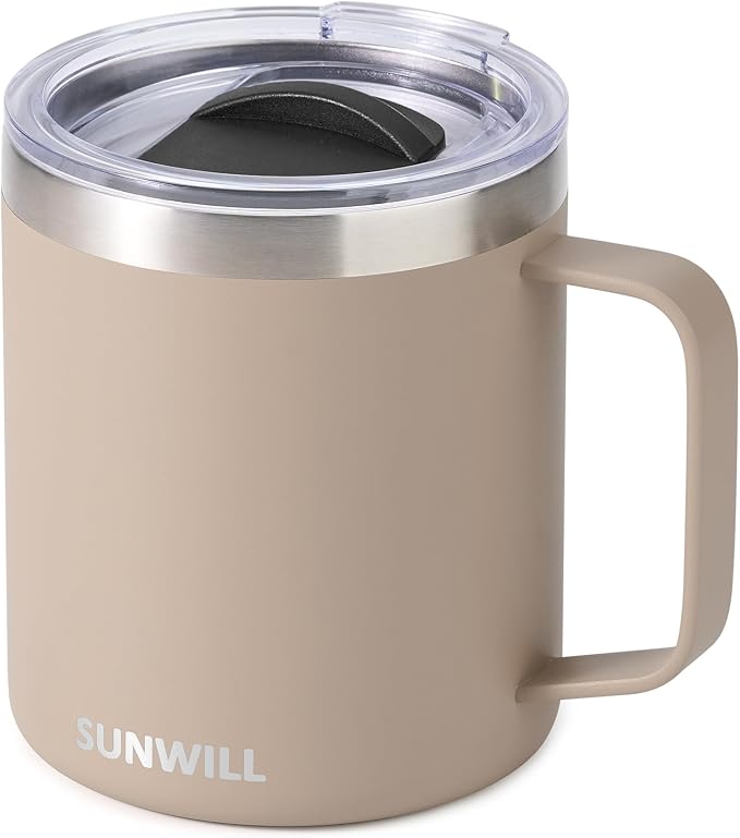 SUNWILL Travel Coffee Mug with Lid, Insulated Tumbler with Handle, 14oz Stainless Steel Cup for Camping, Office, Home, Powder Coated Taupe by SUNWILL