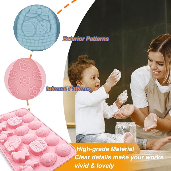2 Pack Easter Gummy Chocolate Molds 18 Cavities Egg Rabbit Candy Mould Tray Baking Tools for Chocolate Cake Dessert Candy Mousse Pastry Handmade Soap Cupcake Topper Crayons - Image 4