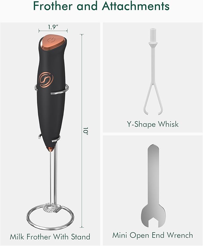 Milk Frother With Stand Handheld Frother Wand Drink Mixer Handheld Coffee Stirrers Electric Frother for Coffee Mixer Wand with 2 Whisk frother for protein powder-Black/Copper