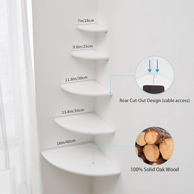White Corner Shelf, Wall Mount Natural Oak Wood Floating Corner Wall Shelf Round End Small Corner Nightstand Plant Shelf for Bedroom, Kitchen, Living Room 10inch - Image 5