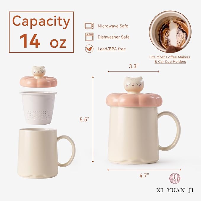 Tea Cup with Infuser and Lid 14oz - Ceramic Mug with Spinning Cat Lid, Floral Design Tea Gift for Women, Anniversary Birthday Gift Compatible with Warmer
