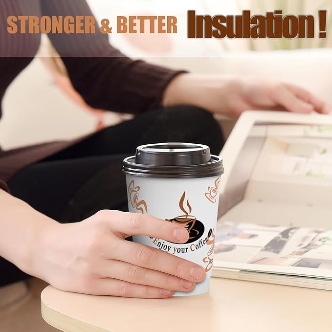 Qunclay 100 Pack 12 oz Double Wall Disposable Paper Coffee Cups with Lids, Insulated To Go Coffee Cup, Hot Drinking Cups for Daily use