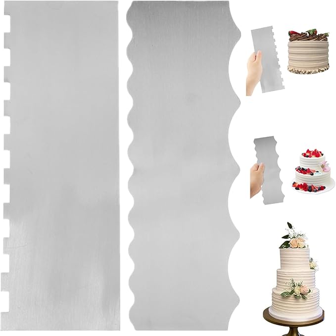 Cake Scraper 2Pcs Stainless Steel Cake Smoother Double-Sided DIY Icing Smoother 4 Pattern Scraper Kitchen Bakery Decorating Tools
