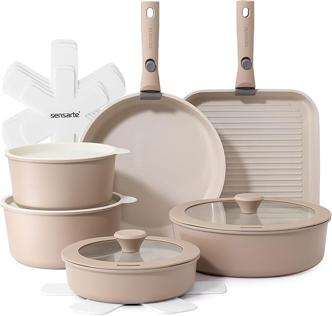 SENSARTE 17 Piece Ceramic Detachable Handle Pots and Pans Set Almond Beige | Ceramic Cookware Set, Induction Cookware Set with Removable Handle, Healthy Non Stick for RV, Dishwasher ＆ Oven Safe by SENSARTE