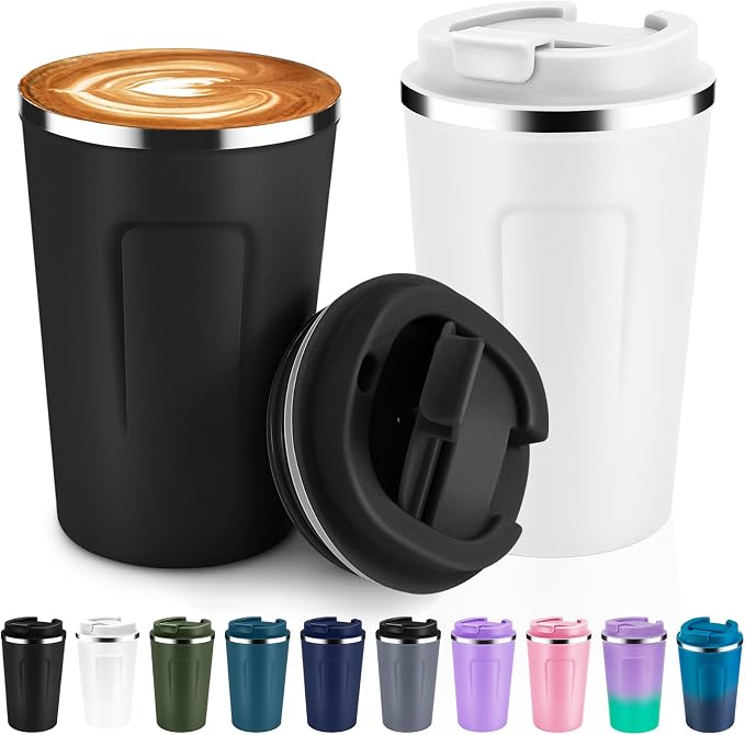 Volhoply 12 oz Double Wall Insulated Vacuum Travel Coffee Mugs with Flip Lid Bulk 2 Pack,Reusable Stainless Steel Leak Proof Coffee Cup,Portable Thermal Tumbler for Cold & Hot Drinks(Assorted,2 Set) by LiveFully%EF%BC%8CDrinkFreely%E2%80%94KeepGoingwithVolhoply%EF%BC%81