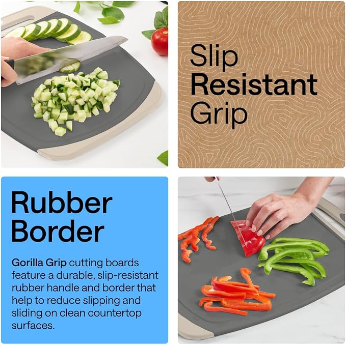 GORILLA GRIP BPA-Free Reversible Kitchen Cutting Board Set of 3, US Designed, Nonporous, Juice Grooves Catch Liquid, Slip Resistant Border, Dishwasher Safe, Durable Food Chopping Boards, Gray Almond - Image 3